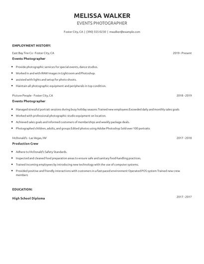 Events Photographer Resume