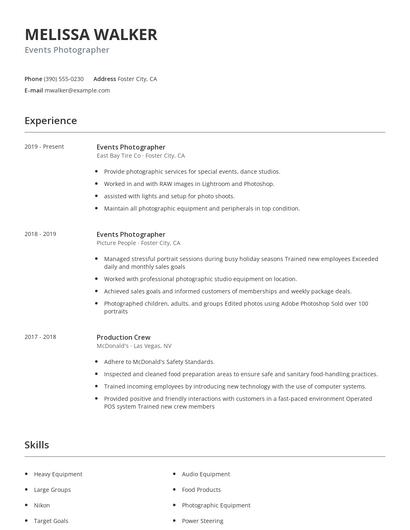 Events Photographer Resume