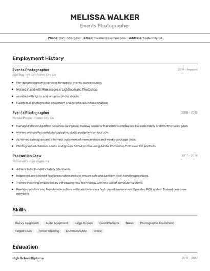 Events Photographer Resume