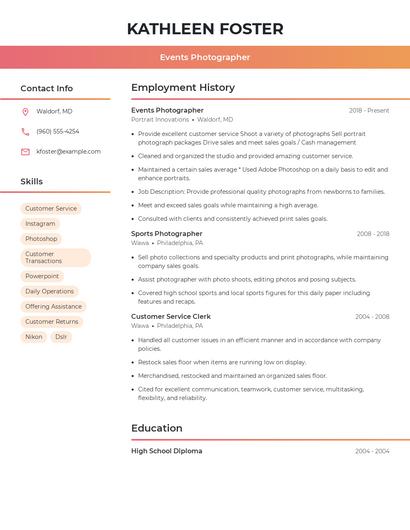 Events Photographer Resume