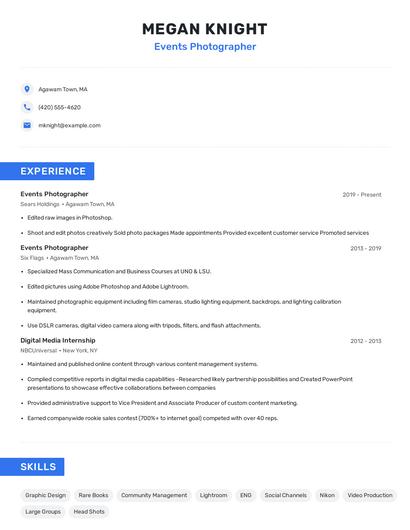 Events Photographer Resume