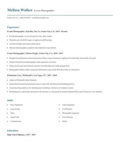 Events Photographer Resume