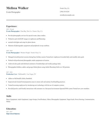 Events Photographer Resume