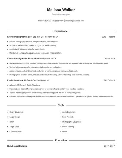 Events Photographer Resume
