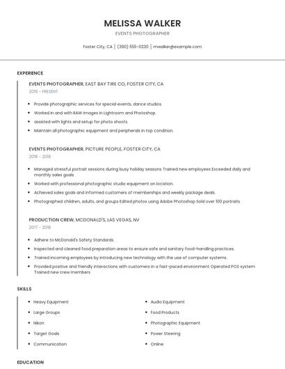 Events Photographer Resume