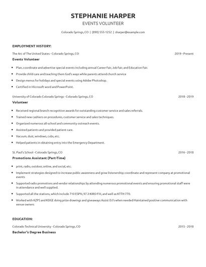 Events Volunteer Resume