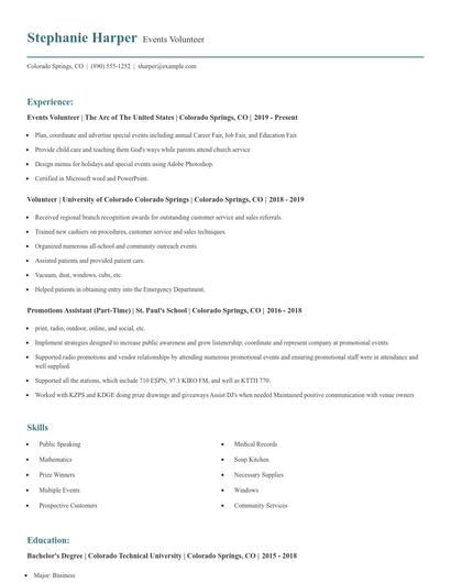 Events Volunteer Resume