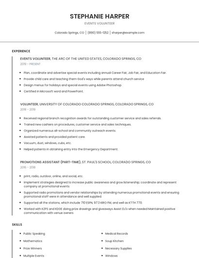 Events Volunteer Resume