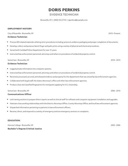 Evidence Technician Resume