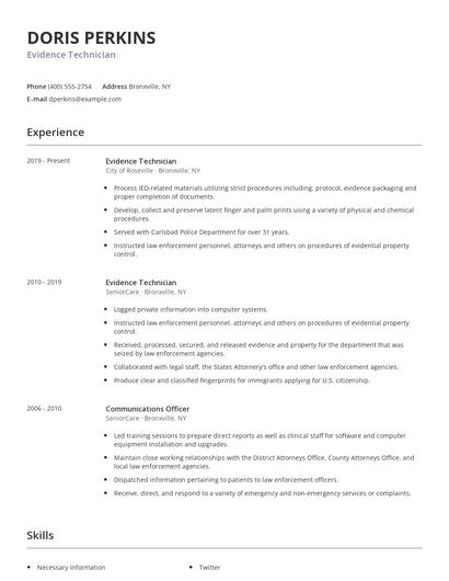 Evidence Technician Resume