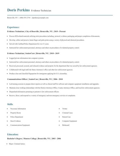 Evidence Technician Resume