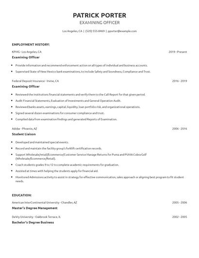 Examining Officer Resume