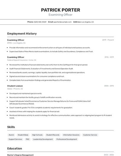 Examining Officer Resume