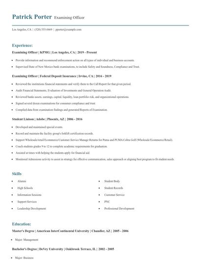 Examining Officer Resume