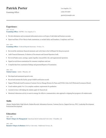 Examining Officer Resume