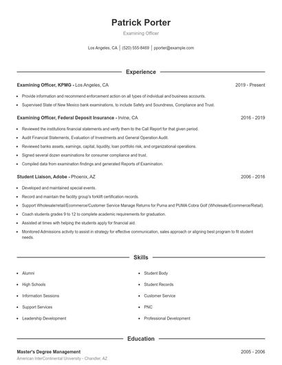 Examining Officer Resume