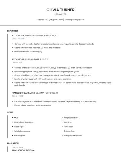 Excavator Resume