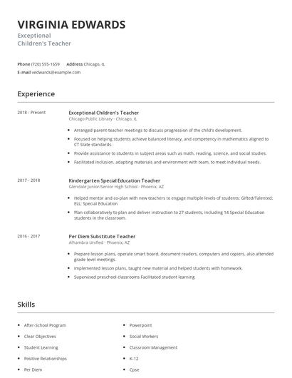 Exceptional Children's Teacher Resume