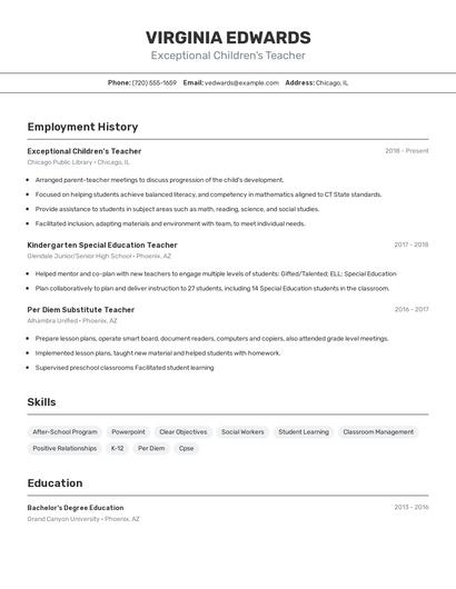 Exceptional Children's Teacher Resume