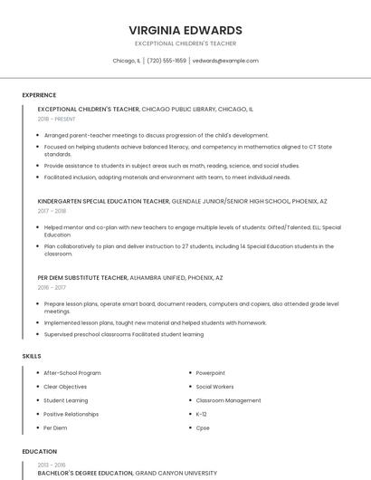 Exceptional Children's Teacher Resume
