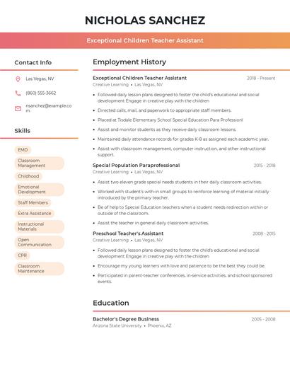 Exceptional Children Teacher Assistant Resume