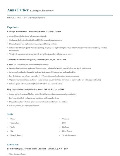 Exchange Administrator Resume