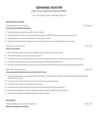 Executive Assistant/Bookkeeper Resume
