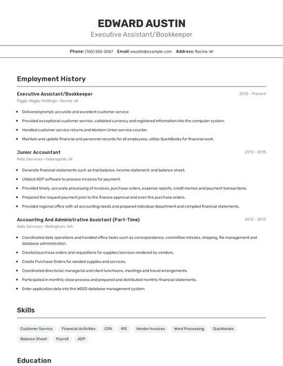 Executive Assistant/Bookkeeper Resume