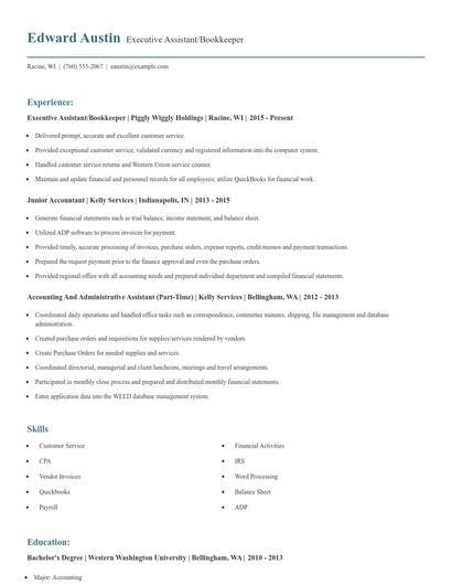 Executive Assistant/Bookkeeper Resume