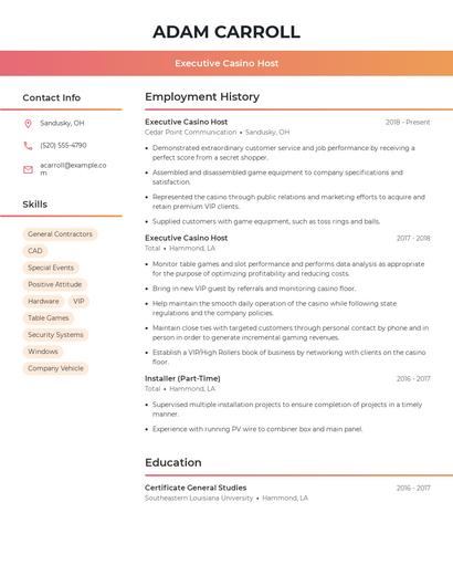 Executive Casino Host Resume
