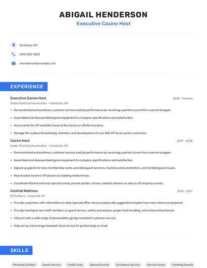 Executive Casino Host Resume