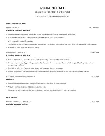 Executive Relations Specialist Resume