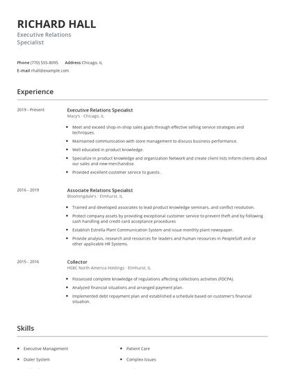 Executive Relations Specialist Resume