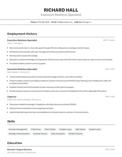 Executive Relations Specialist Resume