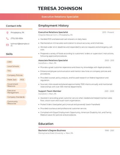 Executive Relations Specialist Resume