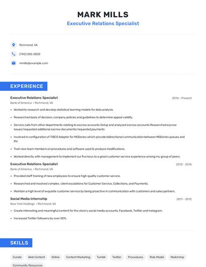 Executive Relations Specialist Resume