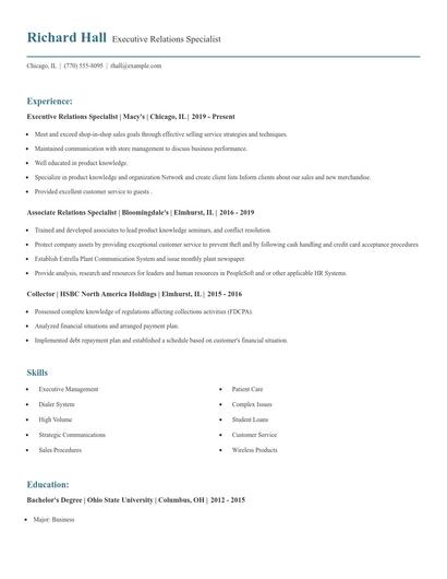 Executive Relations Specialist Resume