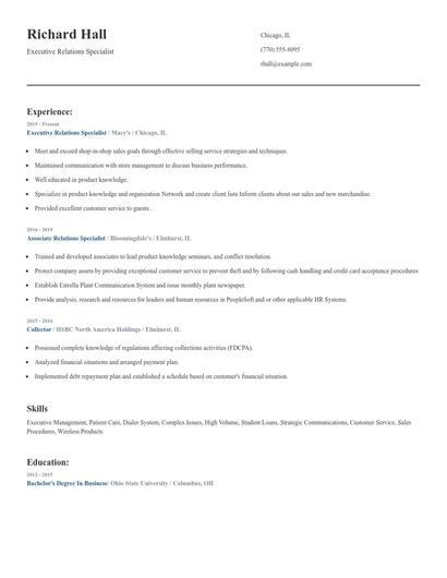 Executive Relations Specialist Resume
