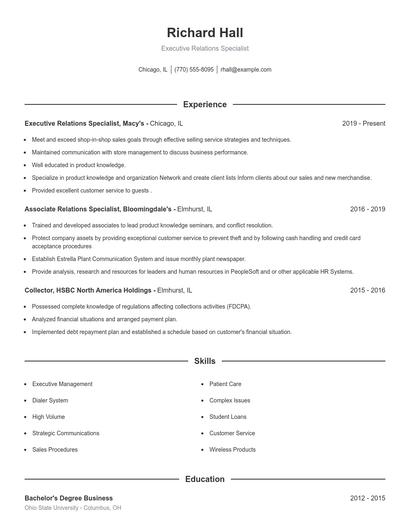 Executive Relations Specialist Resume