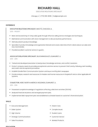 Executive Relations Specialist Resume