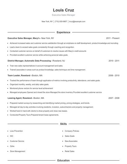 Executive Sales Manager Resume