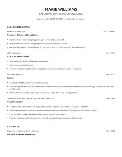 Executive Team Leader, Logistics Resume