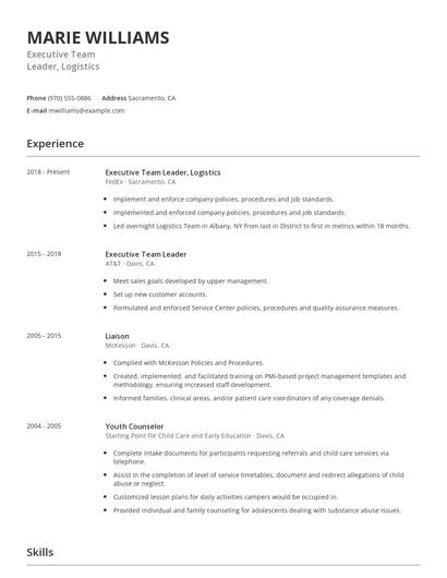 Executive Team Leader, Logistics Resume