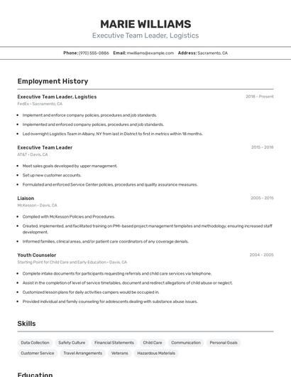 Executive Team Leader, Logistics Resume