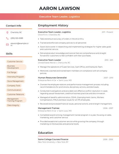 Executive Team Leader, Logistics Resume