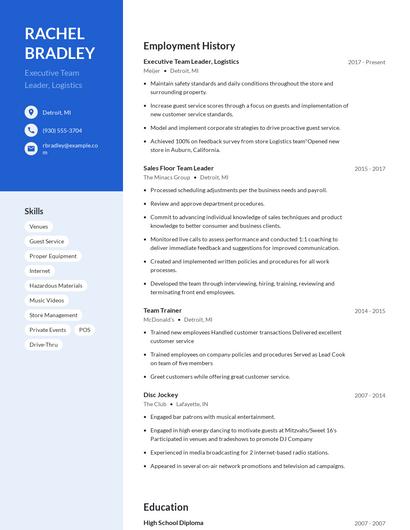 Executive Team Leader, Logistics Resume