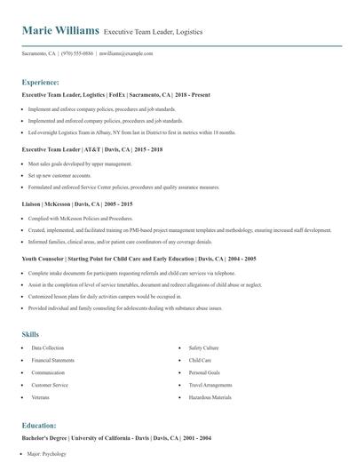 Executive Team Leader, Logistics Resume