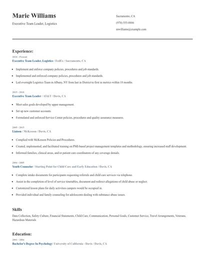 Executive Team Leader, Logistics Resume
