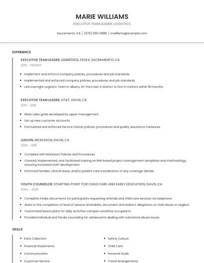 Executive Team Leader, Logistics Resume