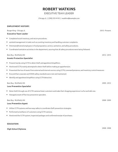 Executive Team Leader Resume